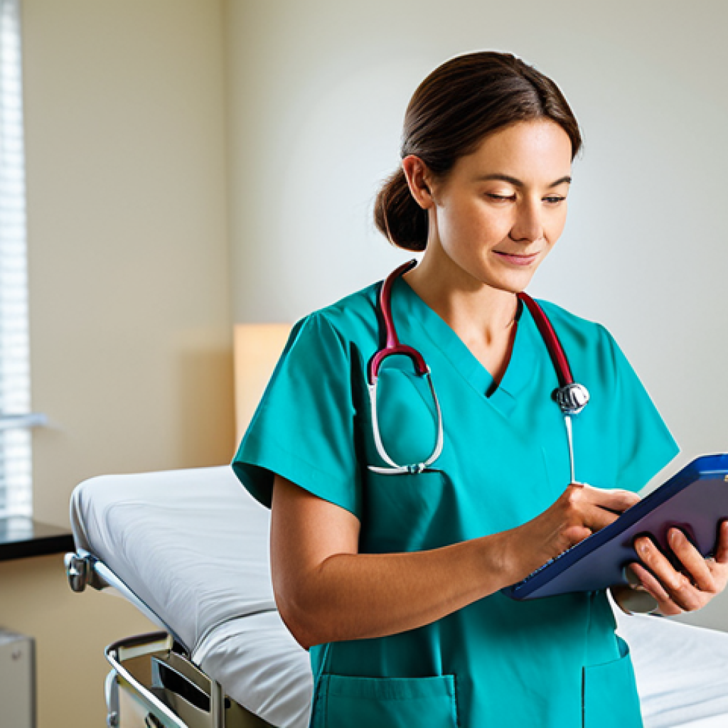 A professional, compassionate female nurse in her early 30s, wearing a modest and appropriate scrub uniform. She stands in a brightly lit, modern hospital patient room, gently observing a patient (implied, not directly shown or detailed) with a focused and empathetic expression. Her hands are calmly resting on a medical cart or holding a clipboard. The room is clean, tidy, and equipped with standard medical instruments in the background. High-quality professional photography, natural lighting, perfect anatomy, correct proportions, natural pose, well-formed hands, proper finger count, natural body proportions, safe for work, appropriate content, fully clothed, family-friendly.
