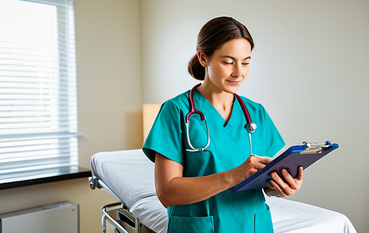A professional, compassionate female nurse in her early 30s, wearing a modest and appropriate scrub uniform. She stands in a brightly lit, modern hospital patient room, gently observing a patient (implied, not directly shown or detailed) with a focused and empathetic expression. Her hands are calmly resting on a medical cart or holding a clipboard. The room is clean, tidy, and equipped with standard medical instruments in the background. High-quality professional photography, natural lighting, perfect anatomy, correct proportions, natural pose, well-formed hands, proper finger count, natural body proportions, safe for work, appropriate content, fully clothed, family-friendly.