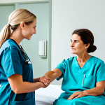 **Prompt for empathetic patient interaction:**
    A compassionate female nurse, fully clothed in modest professional scrubs, gently holding the hand of a serene elderly female patient who is appropriately dressed in a hospital gown, listening attentively in a clean, brightly lit hospital room. The scene emphasizes warmth and empathy. Safe for work, appropriate content, perfect anatomy, correct proportions, natural pose, well-formed hands, proper finger count, natural body proportions, professional photography, high quality, family-friendly.