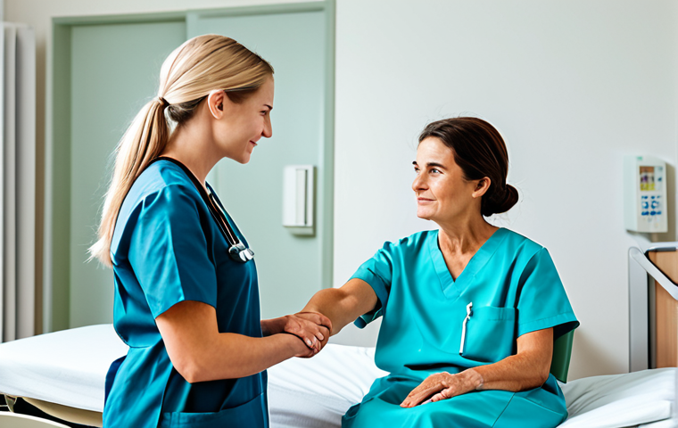 **Prompt for empathetic patient interaction:**
    A compassionate female nurse, fully clothed in modest professional scrubs, gently holding the hand of a serene elderly female patient who is appropriately dressed in a hospital gown, listening attentively in a clean, brightly lit hospital room. The scene emphasizes warmth and empathy. Safe for work, appropriate content, perfect anatomy, correct proportions, natural pose, well-formed hands, proper finger count, natural body proportions, professional photography, high quality, family-friendly.