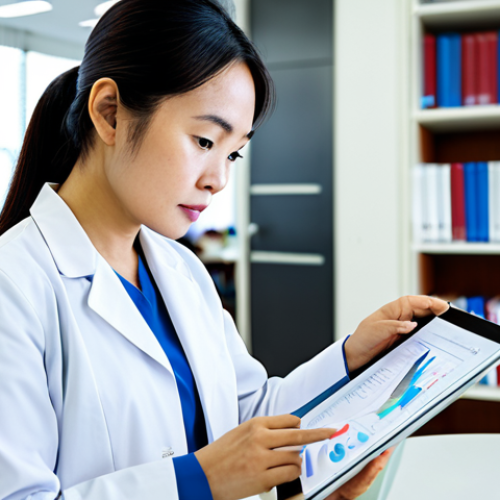 Home 28 A professional Vietnamese female nurse, mid-career, deeply focused in a brightly lit, modern university study lounge. She is wearing a modest, smart casual professional top and trousers, fully clothed, appropriate attire. She is looking intently at a tablet, actively analyzing complex medical data or research papers. In the blurred background, there are subtle visual cues of an academic environment, such as bookshelves or abstract scientific diagrams. The atmosphere conveys intellectual pursuit and professional development. Perfect anatomy, correct proportions, natural pose, well-formed hands, proper finger count, natural body proportions. Safe for work, appropriate content, fully clothed, professional.