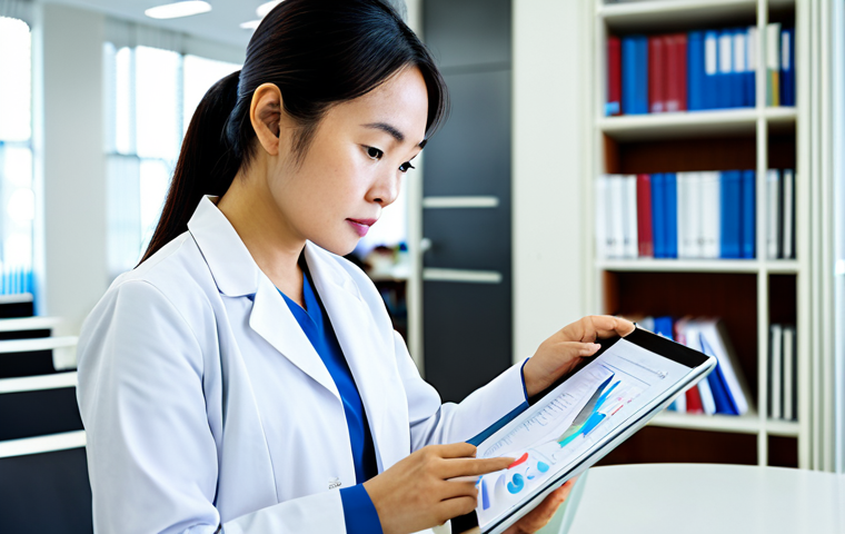 A professional Vietnamese female nurse, mid-career, deeply focused in a brightly lit, modern university study lounge. She is wearing a modest, smart casual professional top and trousers, fully clothed, appropriate attire. She is looking intently at a tablet, actively analyzing complex medical data or research papers. In the blurred background, there are subtle visual cues of an academic environment, such as bookshelves or abstract scientific diagrams. The atmosphere conveys intellectual pursuit and professional development. Perfect anatomy, correct proportions, natural pose, well-formed hands, proper finger count, natural body proportions. Safe for work, appropriate content, fully clothed, professional.