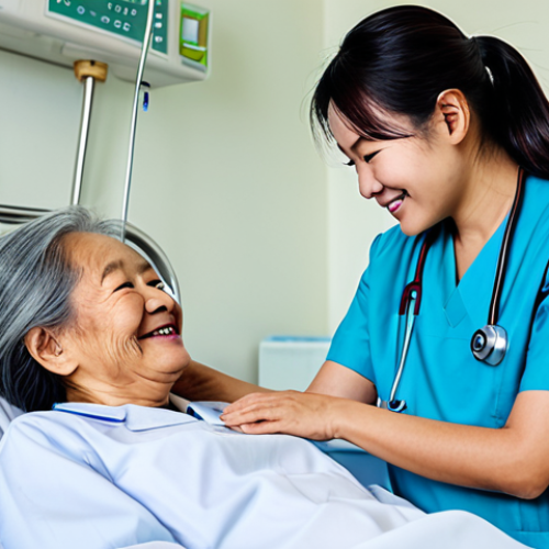 Home 25 **
"A Vietnamese nurse in a modern, well-lit hospital ward, attending to an elderly patient. The nurse is fully clothed in a professional, modest uniform (áo blouse trắng). The patient is smiling faintly. Focus on the compassionate interaction and gentle care. Background includes medical equipment and soft lighting. Safe for work, appropriate content, family-friendly. Perfect anatomy, correct proportions, natural pose, well-formed hands. High quality, professional photography."
**