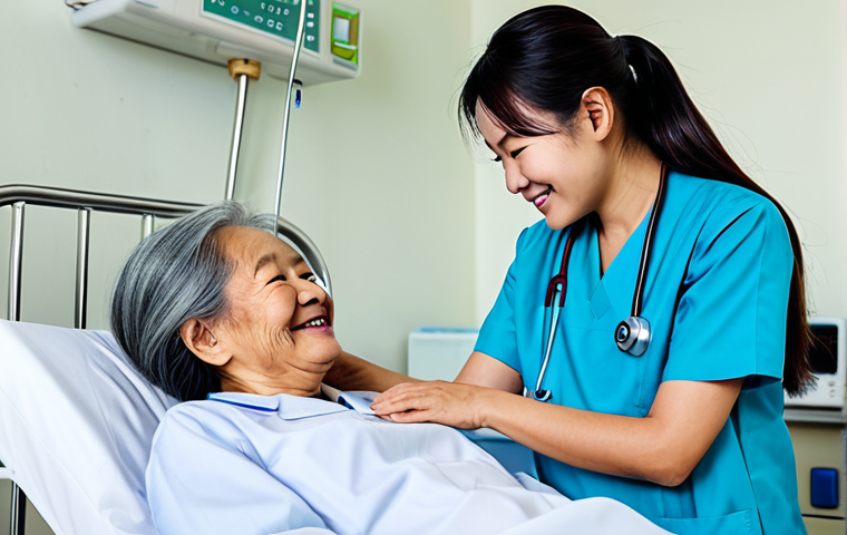 **

"A Vietnamese nurse in a modern, well-lit hospital ward, attending to an elderly patient. The nurse is fully clothed in a professional, modest uniform (áo blouse trắng). The patient is smiling faintly. Focus on the compassionate interaction and gentle care. Background includes medical equipment and soft lighting. Safe for work, appropriate content, family-friendly. Perfect anatomy, correct proportions, natural pose, well-formed hands. High quality, professional photography."

**