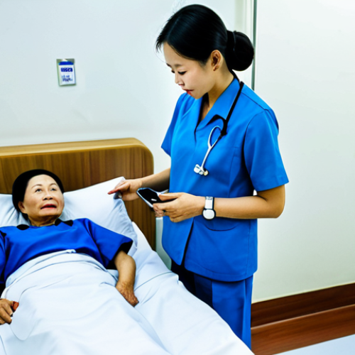 Home 12 **
"A Vietnamese nurse, fully clothed in a professional, modest uniform, using a smart watch to monitor a senior patient's vital signs in a modern Hanoi hospital room. Appropriate content, safe for work, perfect anatomy, correct proportions, natural pose, soft, diffused lighting."
**