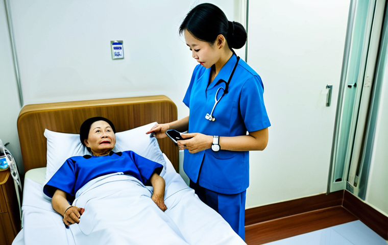 **

"A Vietnamese nurse, fully clothed in a professional, modest uniform, using a smart watch to monitor a senior patient's vital signs in a modern Hanoi hospital room. Appropriate content, safe for work, perfect anatomy, correct proportions, natural pose, soft, diffused lighting."

**